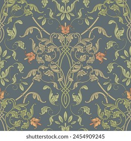 Ornamental leafy pattern. Retro green background.