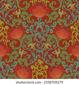 Ornamental leafy pattern. Retro red background.