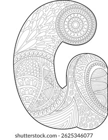 Ornamental Letter G for Coloring, Detailed black and white illustration of the capital letter G filled with intricate zentangle and mandala inspired patterns. Design suitable for adult coloring