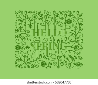 Ornamental lettering composition - Hello spring - in trendy linear style. Vector design template for seasonal invitation or greeting card.