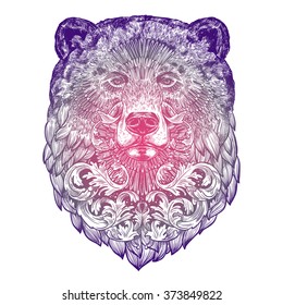 Ornamental Lilac Tattoo Bear Head. Highly Detailed Abstract Hand Drawn Style