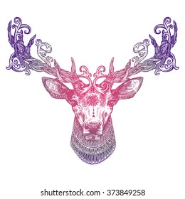 Ornamental Lilac Tattoo Deer Head. Highly Detailed Abstract Hand Drawn Style