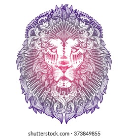 Ornamental Lilac Tattoo Lion Head. Highly Detailed Abstract Hand Drawn Style