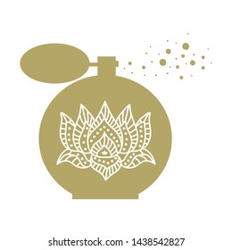 ornamental lotus flower inside gold perfume bottle, vector 