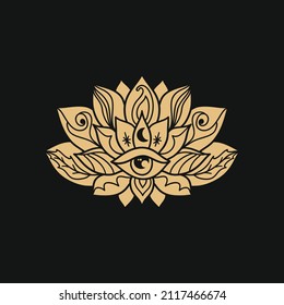 Ornamental  lotus flower pattern with third eye. Decoration in oriental, Indian style. Doodle ornament. Gold silhouette hand drawn vector illustration.