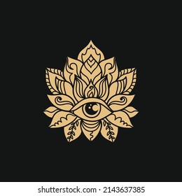 Ornamental  lotus flower pattern with third eye. Decoration in oriental, Indian style. Doodle ornament. Gold silhouette hand drawn vector illustration.