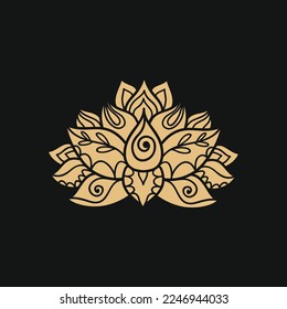 Patrón de flor de loto ornamental con tercer ojo. Decoración de estilo oriental, indio. Ornamento de perro. Ilustración vectorial de silueta dorada dibujada a mano.