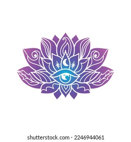 Ornamental  lotus flower pattern with third eye. Decoration in oriental, Indian style. Doodle ornament. Neon silhouette hand drawn vector illustration.