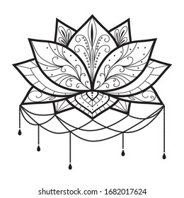Ornamental lotus flower with pearls chains, vector