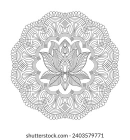 Ornamental lotus mandala coloring book page for kdp book interior. Peaceful Petals, Ability to Relax, Brain Experiences, Harmonious Haven, Peaceful Portraits, Blossoming Beauty mandala design.