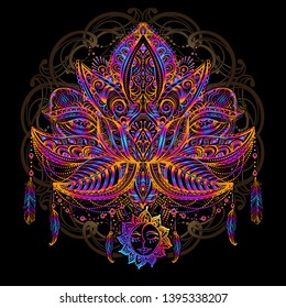 Ornamental Lotus Tattoo, with elements of sacred geometry, Indian feathers, paisley, beads, ethnic art. Spiritualism, magical symbols for astrology and alchemy in boho style.
