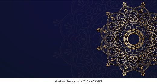 Ornamental Luxury Blue Mandala Design background with Gold Color, Gold Ornamental, Holiday, Ramadan, New Year Arabesque Pattern Template, Template for wedding invitation, card, cover