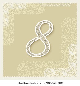 Ornamental luxury calligraphic italic alphabet digit  eight (8), carved on the surface, the volume, with shadows. Against the background of the ornament. EPS10