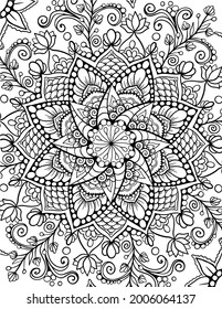 Ornamental mandala adult coloring book page. Zentangle style coloring page. Arabic, Indian ornament.