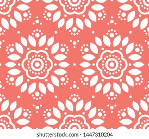 Ornamental Mandala Decoration Pattern. Endless Vector Background. Coral Color.