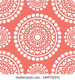 Ornamental Mandala Decoration Pattern. Endless Vector Background. Coral Color.