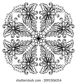 Ornamental mandala design background with flowers. Black and white. 