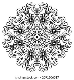 Ornamental mandala design background with flowers. Black and white. 