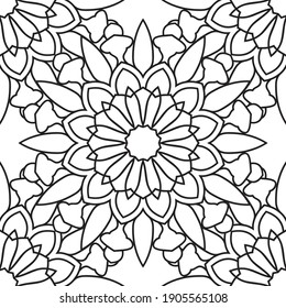 Diseño de mandala ornamental. patrón transparente en estilo doodle, página de color sobre fondo blanco.