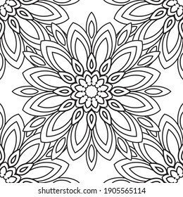 Ornamental mandala design. seamless pattern in doodle style, coloring page on white background.