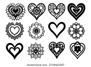 Conjunto de Vectores de corazón de mandala ornamental - Colección de símbolos de amor floral en blanco y negro