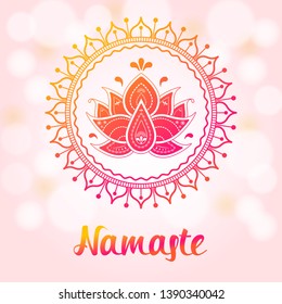 Ornamental mandala and namaste word. Folk and boho cute illustration on bright background.