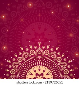 Ornamental mandala on red background with lights. Square banner template. Suitable for social media post and web internet ads.