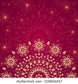 Ornamental mandala on red background with lights. Square banner template. Suitable for social media post and advertising.
