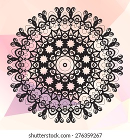 Ornamental Mandala on triangles background. Perfect for any kind of design, kaleidoscope, medallion, karma, yoga, indian, arabic lace over pink triangles background