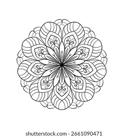 Ornamental mandala vector illustration with circular floral and geometric patterns.Perfect for yoga, meditation, tattoo design, ideal for coloring pages, spiritual prints.