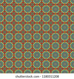 Ornamental mandalas illustration in green, blue and orange colors. Elegant abstract decoration, seamless pattern for design template vector eastern style pattern.