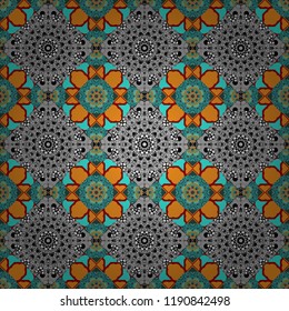 Ornamental mandalas illustration in yellow, gray and blue colors. Elegant abstract decoration, seamless pattern for design template vector eastern style pattern.