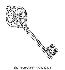 Ornamental medieval vintage key with intricate design, Victorian leaf scrolls and hand drawn swirls.  Vector.