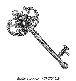 Ornamental medieval vintage key with intricate design, Victorian leaf scrolls and hand drawn swirls.  Vector.