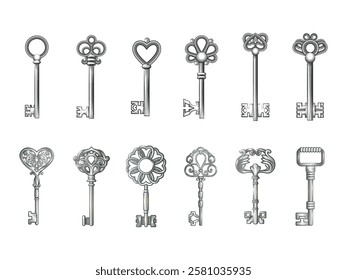 Ornamental medieval vintage keys with intricate forging, composed of fleur-de-lis elements, victorian leaf scrolls and heart shaped swirls.