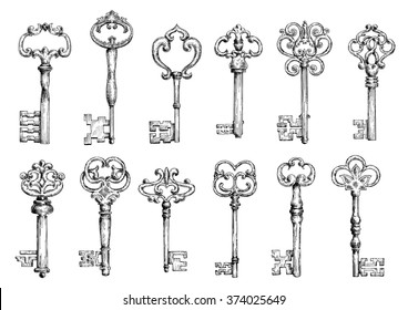 Ornamental medieval vintage keys with intricate forging, composed of fleur-de-lis elements, victorian leaf scrolls and heart shaped swirls.