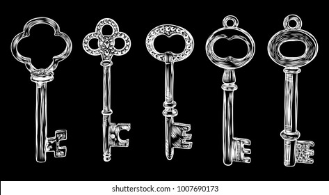 Ornamental medieval vintage keys set with intricate design, Victorian leaf scrolls and hand drawn heart shaped swirls,  composed of flower-de-luce shapes.  Vector.