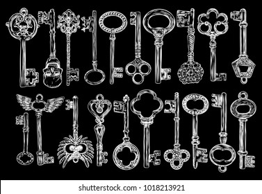 Ornamental medieval vintage keys set with intricate design, Victorian leaf scrolls and hand drawn heart shaped swirls,  composed of flower-de-luce shapes.  Vector.