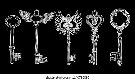 Ornamental medieval vintage keys set with intricate design, Victorian leaf scrolls and hand drawn heart shaped swirls,  composed of flower-de-luce shapes.  Vector.