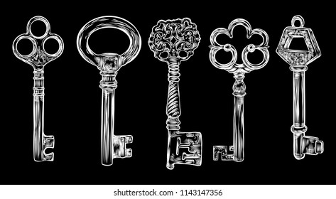 Ornamental medieval vintage keys set with intricate design, Victorian leaf scrolls and hand drawn heart shaped swirls,  composed of flower-de-luce shapes.  Vector.