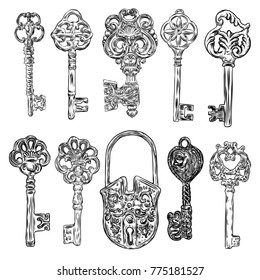 Ornamental medieval vintage keys set with intricate design, Victorian leaf scrolls and hand drawn heart shaped swirls,  composed of flower-de-luce shapes.  Vector.