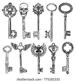 Ornamental medieval vintage keys set with intricate design, Victorian leaf scrolls and hand drawn heart shaped swirls,  composed of flower-de-luce shapes.  Vector.