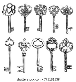 Ornamental medieval vintage keys set with intricate design, Victorian leaf scrolls and hand drawn heart shaped swirls,  composed of flower-de-luce shapes.  Vector.