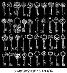 Ornamental medieval vintage keys set with intricate design, Victorian leaf scrolls and hand drawn heart shaped swirls,  composed of flower-de-luce shapes.  Vector.