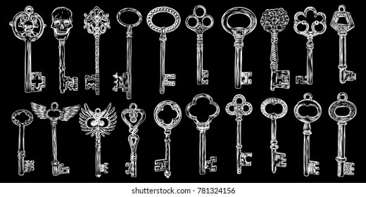 Ornamental medieval vintage keys set with intricate design, Victorian leaf scrolls and hand drawn heart shaped swirls,  composed of flower-de-luce shapes.  Vector.