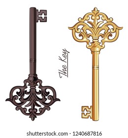 Ornamental medieval vintage keys with victorian leaf scrolls, hand-drawn antique keys, isolated on white, vector illustration