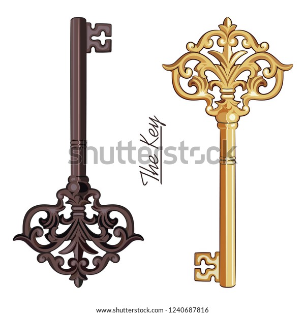 Декоративные средневековые старинные ключи с викторианскими свитками листьев, рисованные вручную антикварные ключи, изолированные на белом, векторная иллюстрация