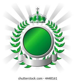 Ornamental metallic and green shield over striped background