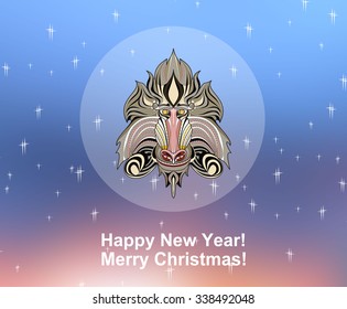 Ornamental monkey, a symbol of New Year 2016, ethnic style.Blurred colored banner for web design. Vector illustration