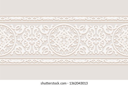 Ornamental monochrome floral patterned stone relief in arabic architectural style of islamic mosque, greeting card for Ramadan Kareem